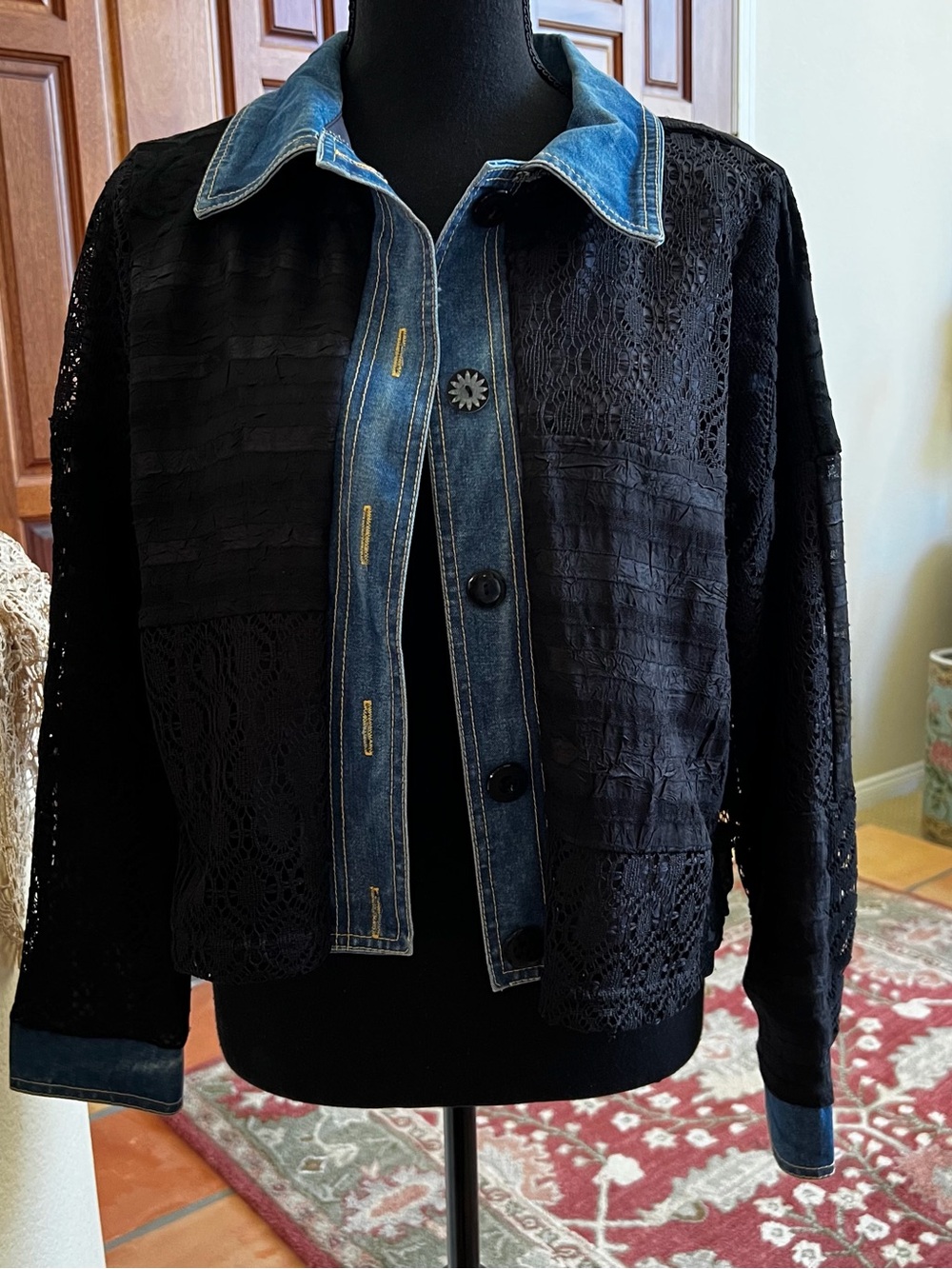 Black Lace Overlayed On Jean Jacket Size M Button Up Rayon Cotton Blend